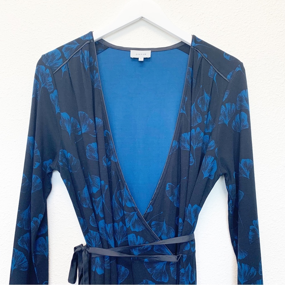 JIGSAW Wrap Dress V-Neck Ginkgo Leaves Floral Print Dark Navy Blue SIZE L